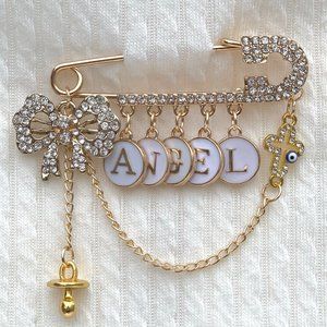 White Crystals and Letters Bow Stroller Pin Angel